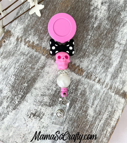 Pink Skull+Bow Badge Reel