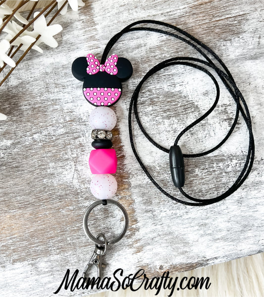 Miss Mouse Lanyard- Fuchsia (Breakaway Clasp)